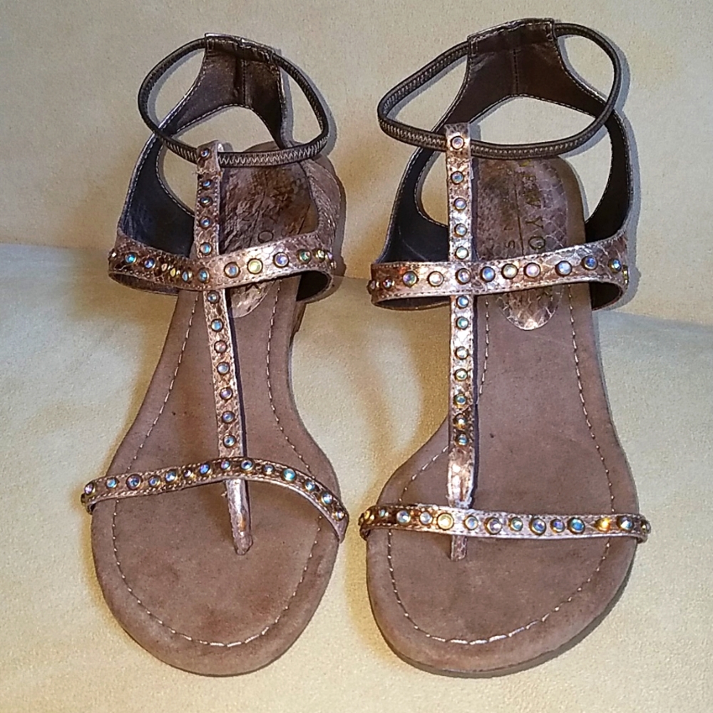New York transit bronze wedge strappy sandal. 7.5